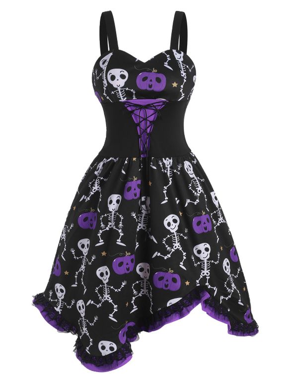 Lace-up Halloween Skull Pumpkin Lace Panel Dress - DARK VIOLET 2XL