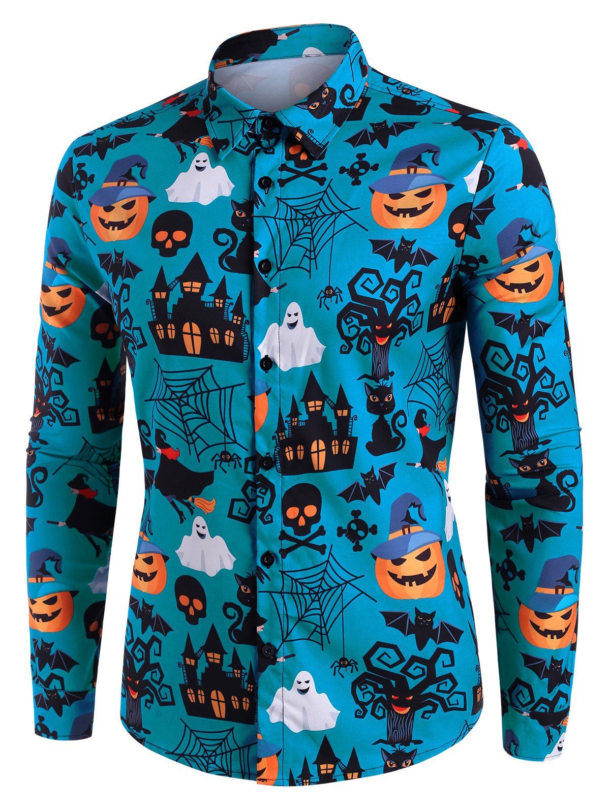 Halloween Castle Pumpkin Skull Print Button Up Shirt - BLUE 3XL