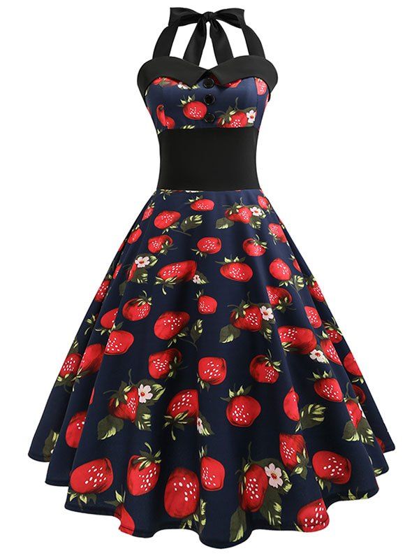 [28% OFF] 2020 Plus Size Halter Strawberry Print Fit And Flare Dress In ...