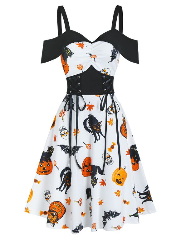 Halloween Pumpkin Animal Print Lace Up Ruched Midi A Line Dress - WHITE S