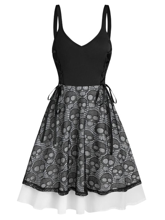 Robe d'Eté Ligne A à Bretelle Motif de Crâne en Dentelle à Lacets à Col V - Noir M