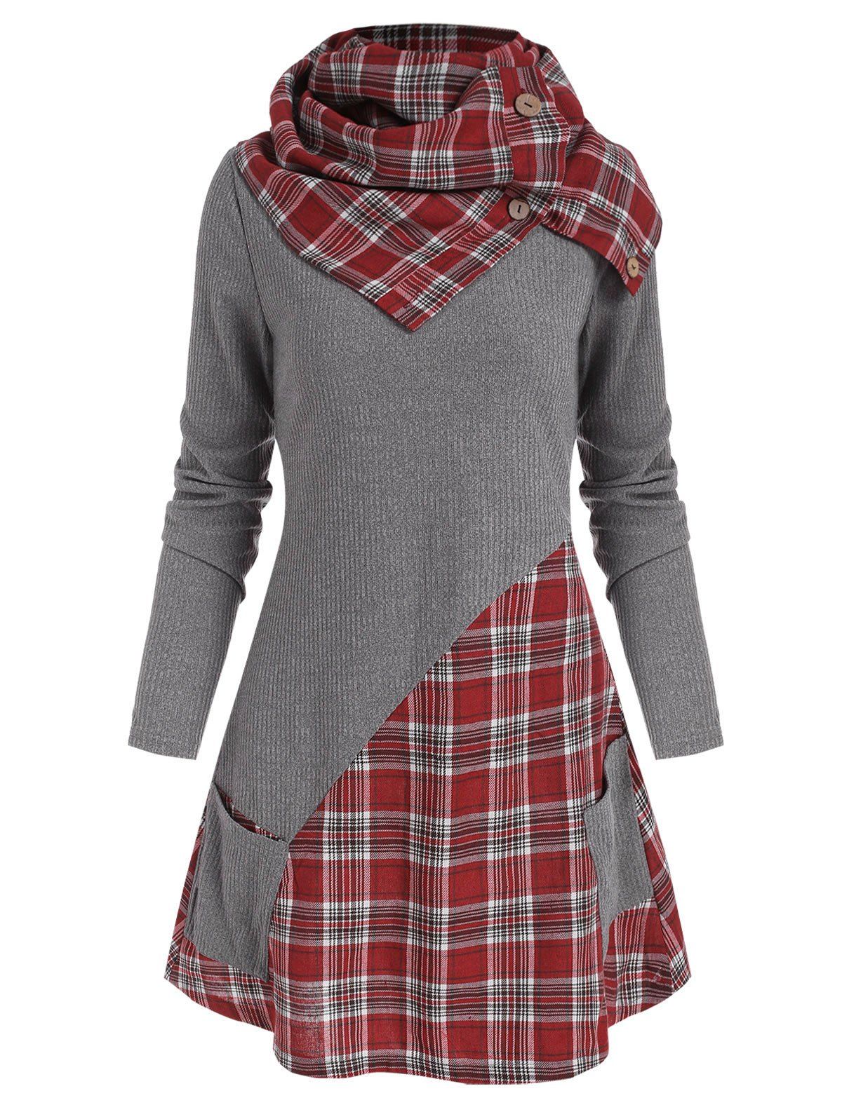 Plaid Insert Pocket Knitwear with Button Scarf - DEEP RED M