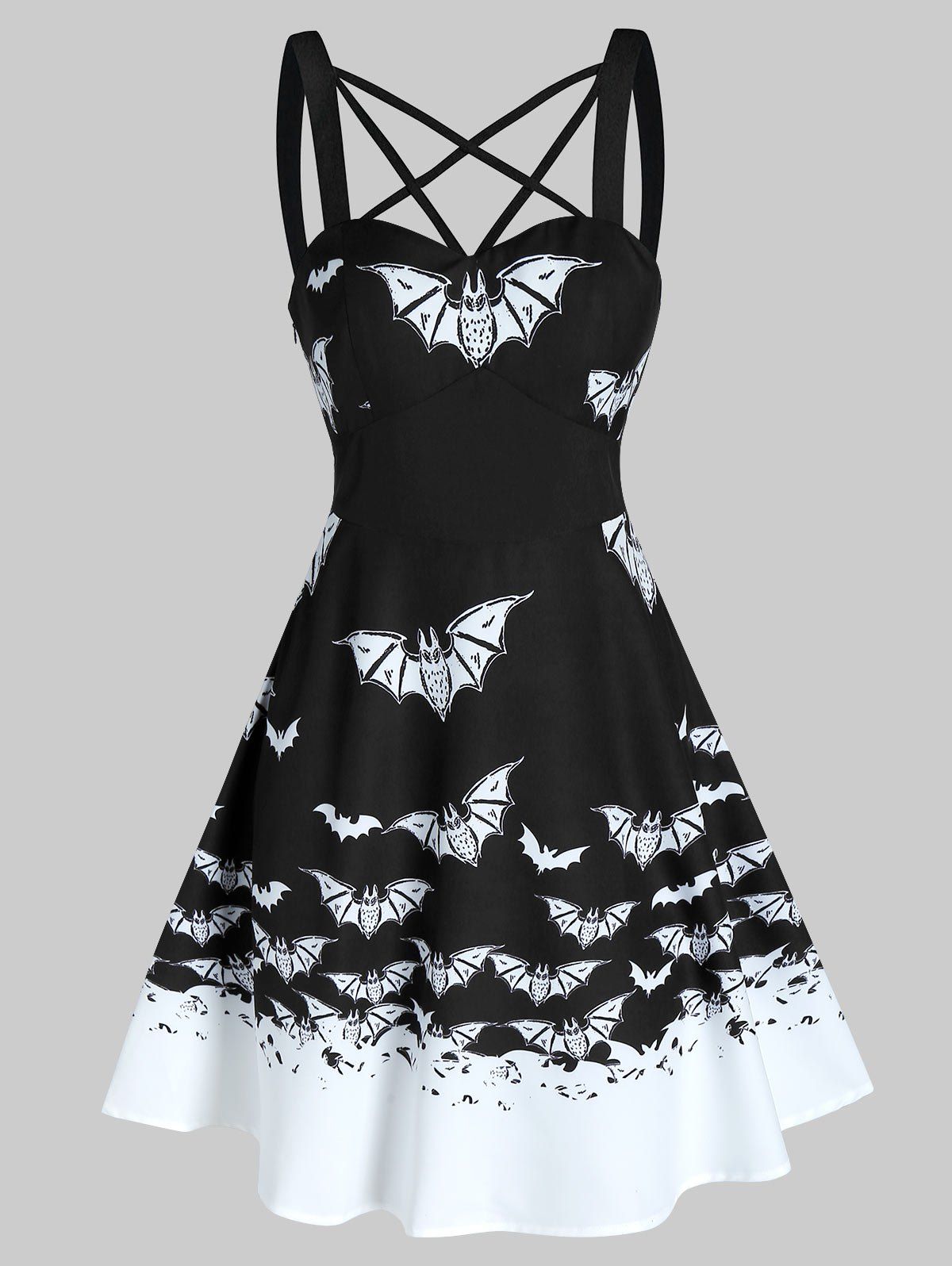 Halloween Bat Print Criss Cross High Waisted Cami Dress - BLACK M