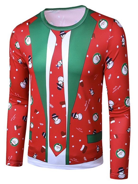 T-shirt Maigre Père Noël et Bonhomme de Neige Imprimés à Col Rond - Rouge XL