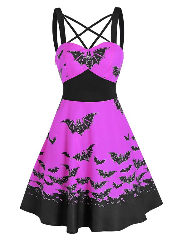 Mini Robe Croisée à Bretelle à Imprimé Chauve-souris à Taille Haute - Pourpre Tyrian M