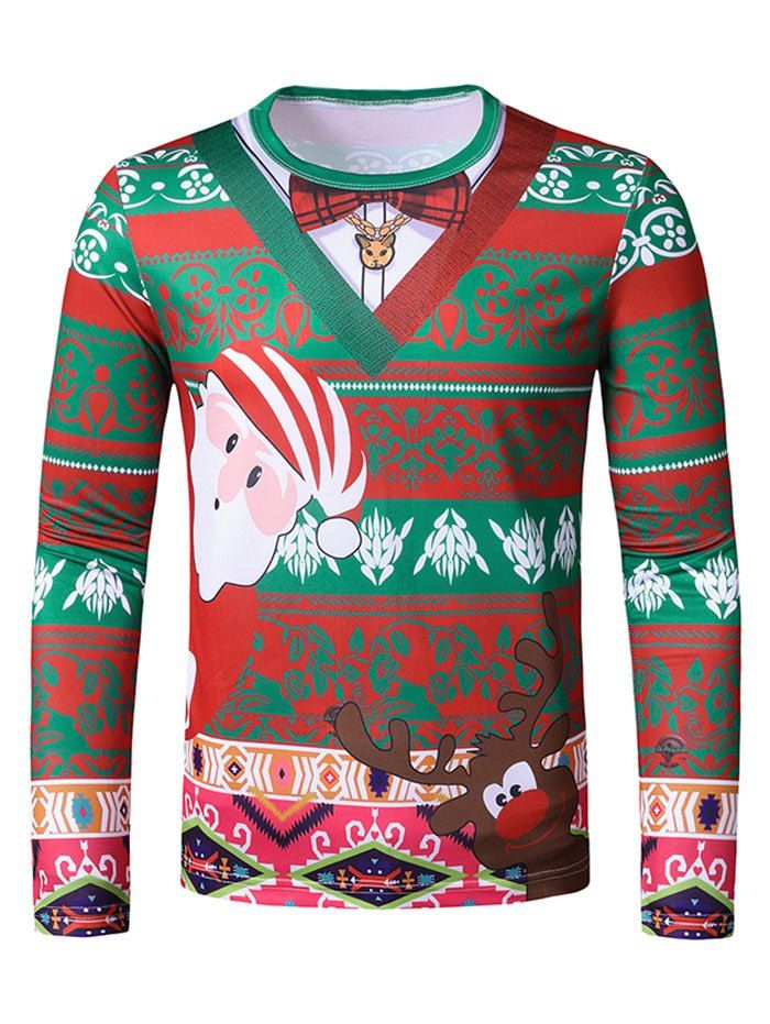Christmas Santa Claus Elk Print Slim Crew Neck T Shirt - multicolor M