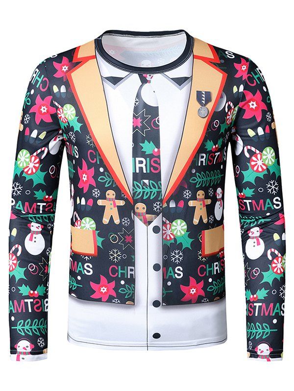 Christmas Snowman Biscuit Faux Suit Print Slim Crew Neck T Shirt - multicolor M