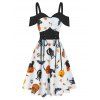 Halloween Pumpkin Animal Print Lace Up Ruched Midi A Line Dress - WHITE S