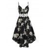 Robe à Bretelle Haute Basse Fleurie Imprimée Panneau en Dentelle avec Nœud Papillon - Noir L