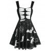 Gothic Vintage Halloween Dress Bowknot Pumpkin Bat Print Fit and Flare Cami A Line Dress - BLACK 3XL