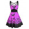 Mini Robe Croisée à Bretelle à Imprimé Chauve-souris à Taille Haute - Pourpre Tyrian M