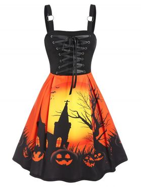 Halloween Night Pumpkin Tree Branch Print Lace Up Cami A Line Dress