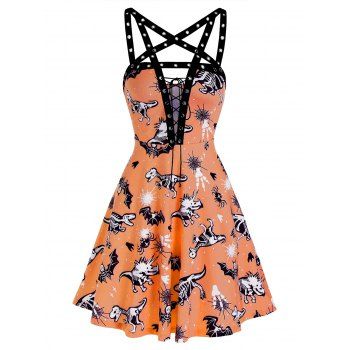 

Animal Skeleton Print Punging Neck Grommet Strap Mini Dress, Halloween orange