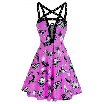 

Animal Skeleton Print Punging Neck Grommet Strap Mini Dress, Tyrian purple