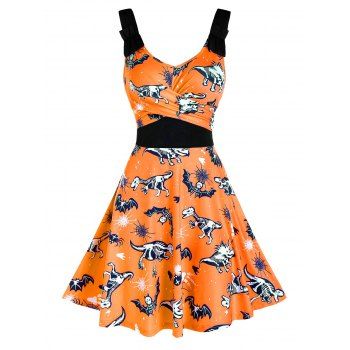 

Halloween Animal Skeleton Print Sleeveless Crossover Dress, Halloween orange