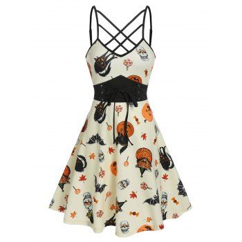 

Halloween Printed Lace Up Cami A Line Dress, Light yellow