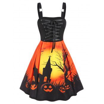 

Halloween Night Pumpkin Tree Branch Print Lace Up Cami A Line Dress, Orange