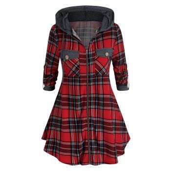 

Plus Size Hooded Plaid Dual Pocket Zip Up Coat, Lava red