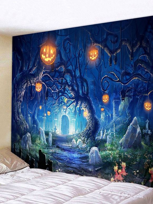 Tapisserie Murale d'Halloween Citrouille Cimetière Imprimés - Bleu W118 X L79 INCH