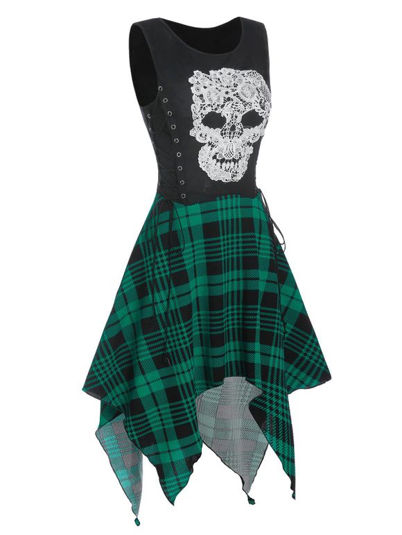 Robe Mouchoir Gothique à Carreaux Motif de Crâne - Vert 3XL