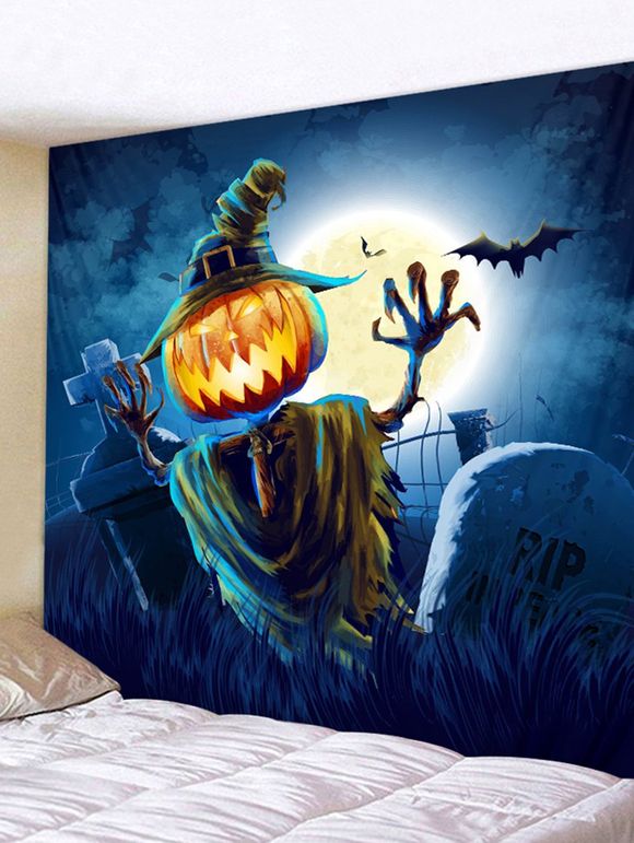 Tapisserie Murale Décorative d'Halloween Motif Épouvantail et Citrouille - multicolor W91 X L71 INCH