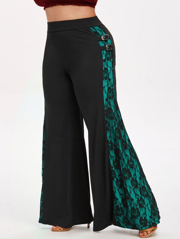 Pantalon Evasé d'Halloween Bouclé en Dentelle Insérée de Grande Taille - Turquoise Moyenne 5X