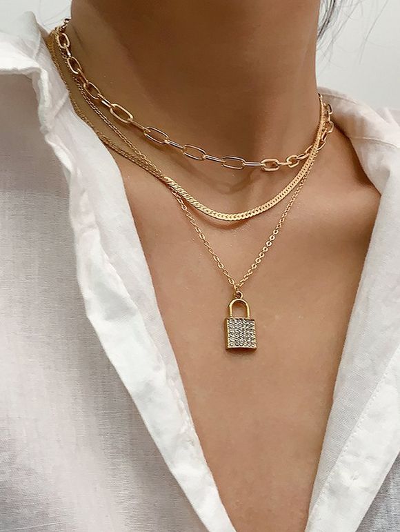Ensemble de Collier à Chaîne Étagée Orné de Strass et Clé 3 Pièces - d'or 