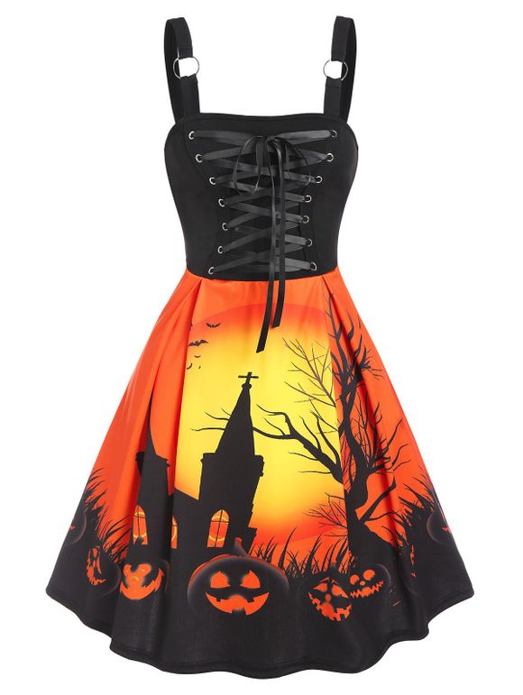 Robe d'Halloween Ligne A à Imprimé Citrouille et Nuit à Bretelle à Lacets - Orange XL