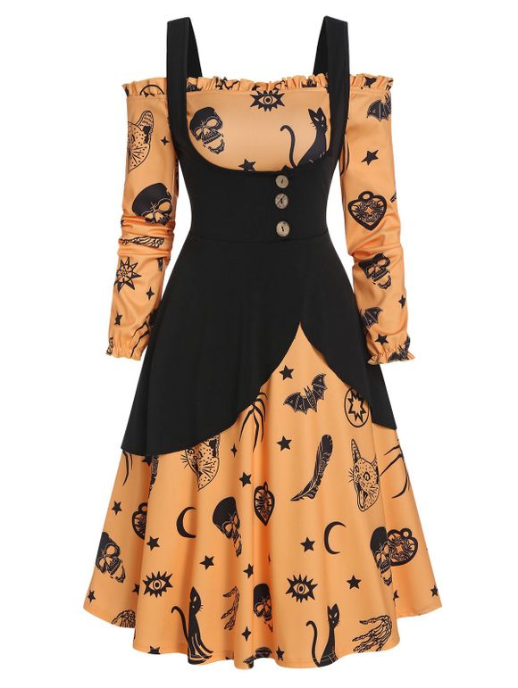Robe d'Halloween Imprimée avec Bouton Ourlet à Volants Deux Pièces - multicolor 3XL