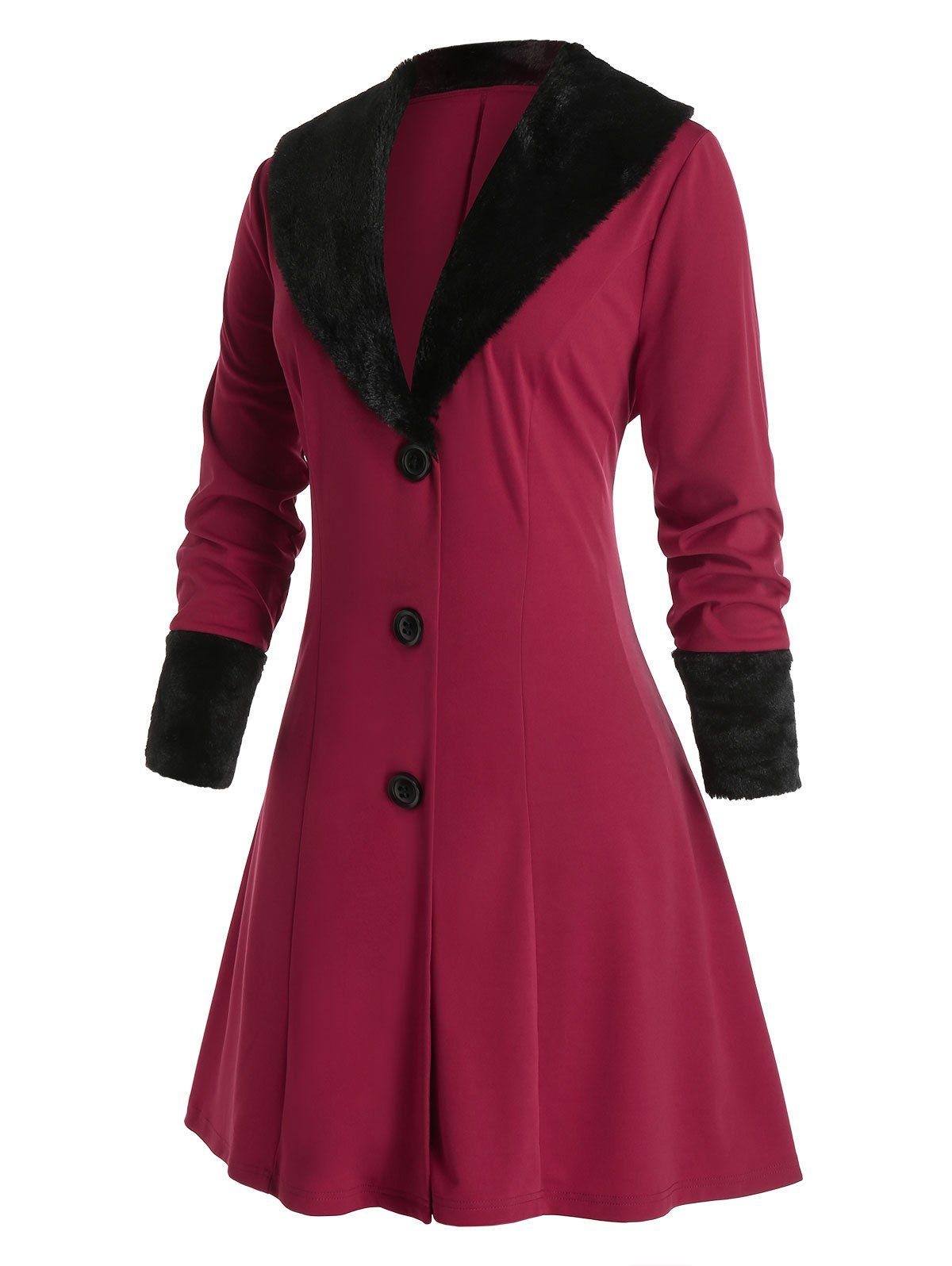 Plus Size Faux Fur Shawl Collar A Line Long Coat - RED WINE L