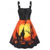 Robe d'Halloween Ligne A à Imprimé Citrouille et Nuit à Bretelle à Lacets - Orange M