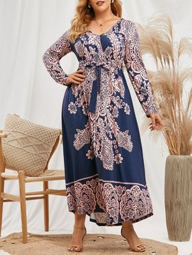 Plus Size Printed Belted Maxi Long Sleeve Dress