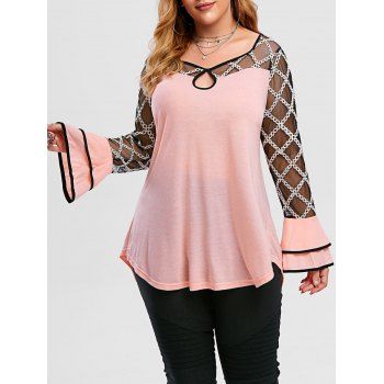 

Plus Size Mesh Insert Space Dye Keyhole T Shirt, Light pink