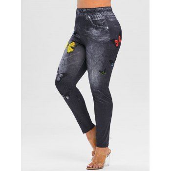 

Plus Size 3D High Waisted Butterfly Print Jeggings, Black