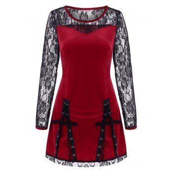 Lace Up Velvet Lace Panel Tunic Top