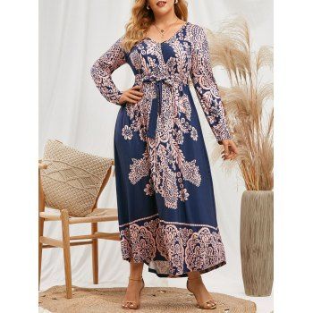 

Plus Size Printed Belted Maxi Long Sleeve Dress, Deep blue