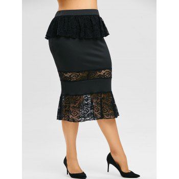 

Plus Size Ruffled Lace Insert Midi Fishtail Skirt, Black