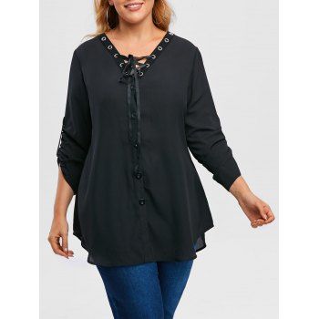 

Plus Size Lace Up Roll Up Sleeve Chiffon Top, Black