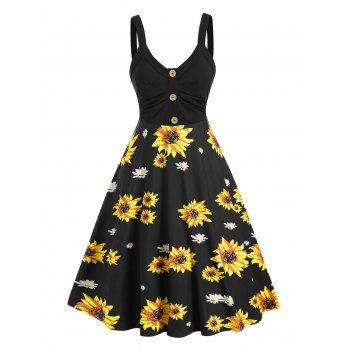 

Summer Sunflower Print Sundress Mock Button High Waist Cami Dress, Multicolor