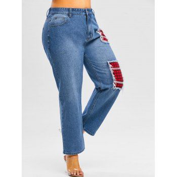 

Plus Size Plaid Patch Distressed Jeans, Deep blue