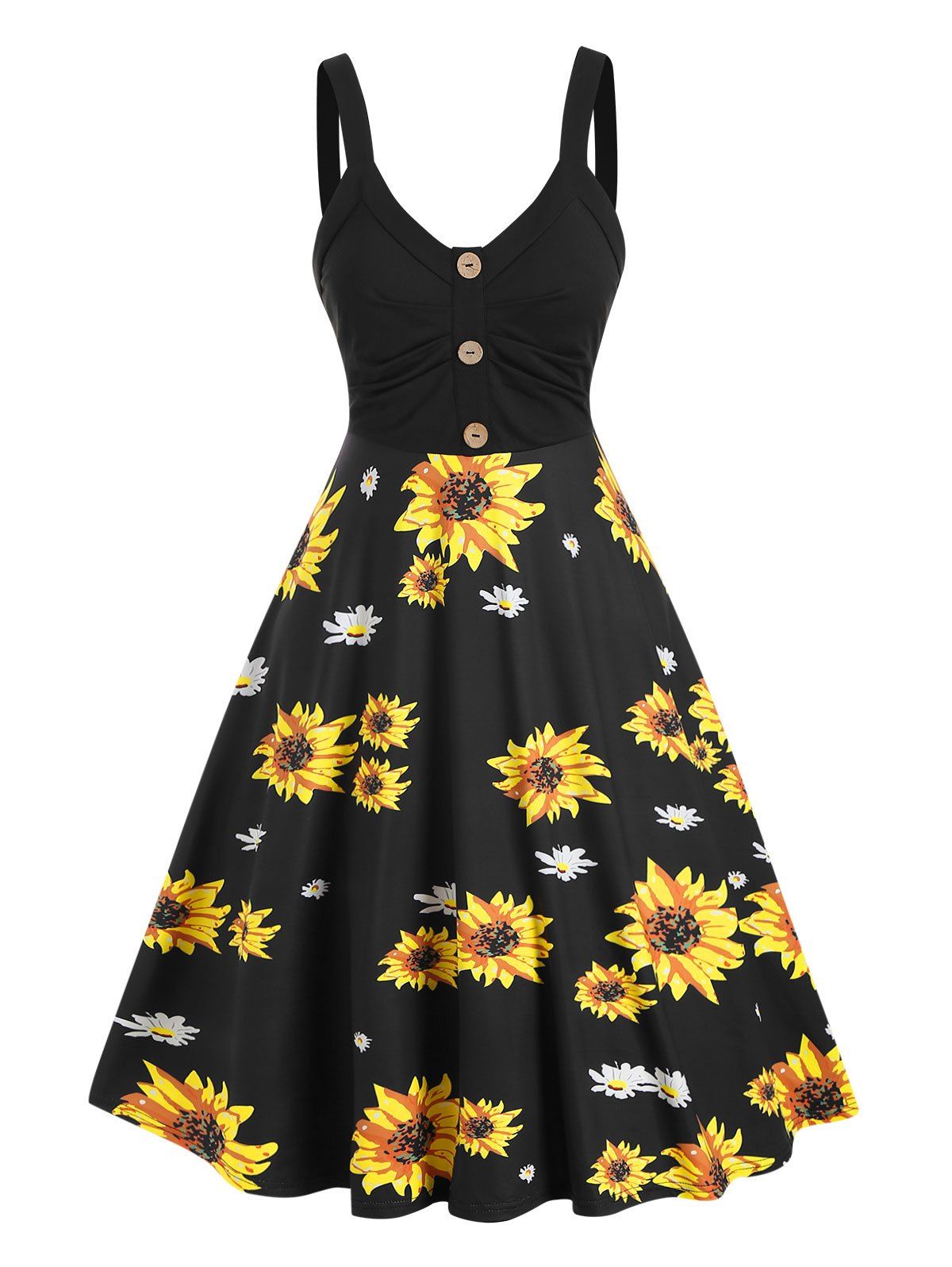 Summer Sunflower Print Sundress Mock Button High Waist Cami Dress - multicolor M