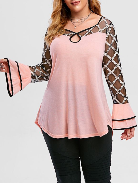 T-shirt Teinté en Maille Insérée de Grande Taille avec Trou de Serrure - Rose clair 5X