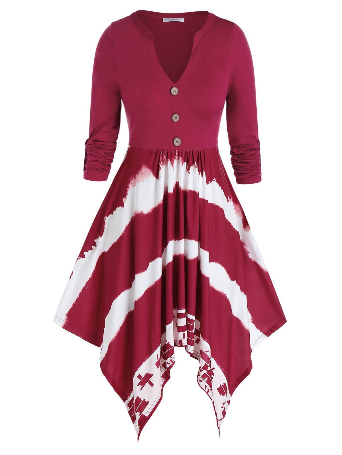 Plus Size Dip Dye Hanky Hem Rolled Up Sleeve Dress - DEEP RED 5X