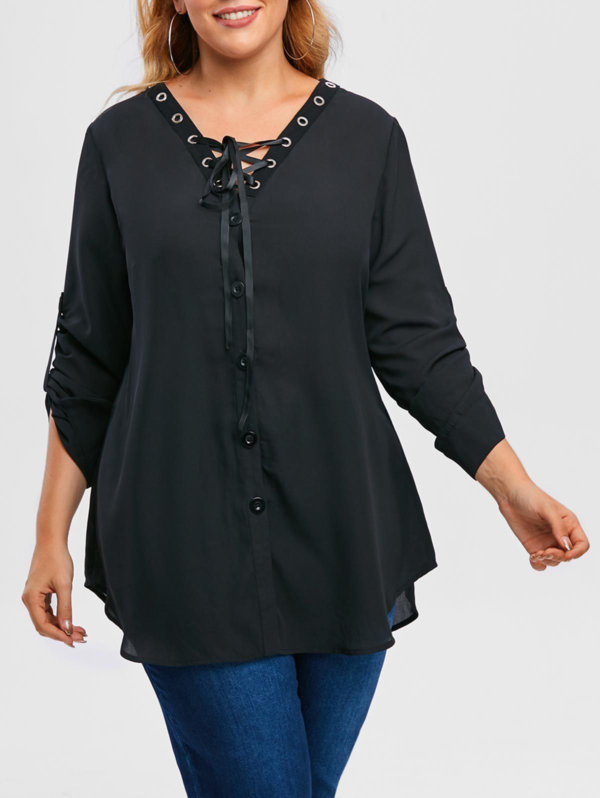 Plus Size Lace Up Roll Up Sleeve Chiffon Top - BLACK 2X