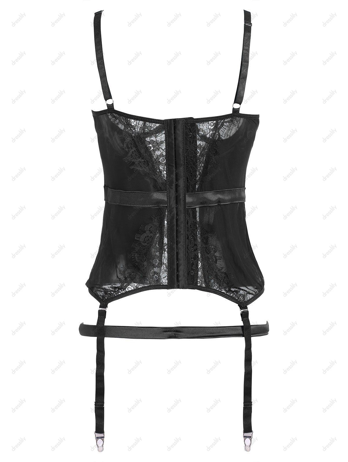 24 Off 2020 Plus Size Lace Panel Mesh Gartered Underwire Bustier Set In Black Dresslily 