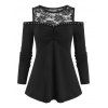 T-shirt à Epaule Ouverte Panneau en Dentelle avec Rivet - Noir XL