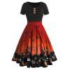 Robe d'Halloween Citrouille Chauve-souris et Château Imprimés avec Boutons - Orange Halloween M