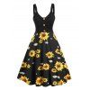 Summer Sunflower Print Sundress Mock Button High Waist Cami Dress