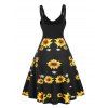 Summer Sunflower Print Sundress Mock Button High Waist Cami Dress - multicolor L