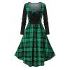 Plaid Print Vintage A Line Dress Bowknot Ruched Sweetheart Neck Long Sleeve Dress - DEEP GREEN M